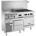 image of Vulcan 60RS-24GT6B 60" Gas Restaurant Range w/ (6) Open Burners, 24" Griddle Left w/ Thermostatic Controls, (1) Standard Oven, (1) Refrigerated / Freezer Base, 220.000 BTU