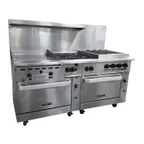 image of Vulcan 72SS-24G4B24CB 72" Gas Restaurant Range w/ (4) Open Burners, 24" Griddle Left, 24" Charbroiler Right, (2) Standard Ovens, 294.000 BTU
