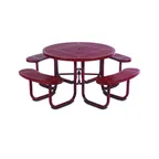 image of Wabash SG150P Round Outdoor Restaurant Table, 78.56 Dia., Steel, 29H, Umbrella Hole, 4 Bench Seats