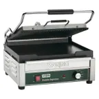 image of Waring WDG250 Single Cast Iron Sandwich Panini Grill w/ 14.5" x 11" Grooved Plates, 120V