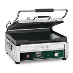 image of Waring WDG250T Single Cast Iron Sandwich Panini Grill w/ Timer, 14.5" x 11" Grooved Plates, 120V
