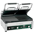 image of Waring WDG300T Double Cast Iron Sandwich Panini Grill w/ Timer, Smooth & Grooved Plates, 240V