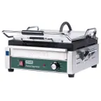 image of Waring WPG250 Single Cast Iron Sandwich Panini Grill w/ 14.5" x 11" Grooved Plates, 120V