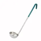 image of Winco LDC-4 Stainless Steel 15 1/2" 1 Piece 4 oz. Serving Ladle w/ Green PVC Coated Handle