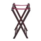 image of Winco TR-34W Tray Stand – 32" High Rubberwood, Mahogany Finish, Brown Frame with Red Strap, for Waitstaff Service