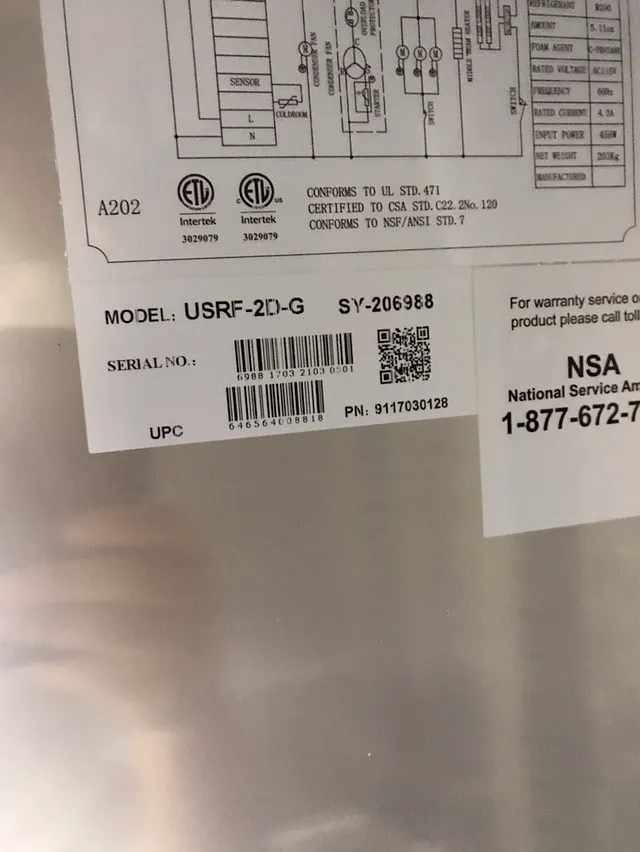Adcraft USRF-2D-G 54" Two Glass Door Reach-In Refrigerator, 48 cu. ft. - Open box