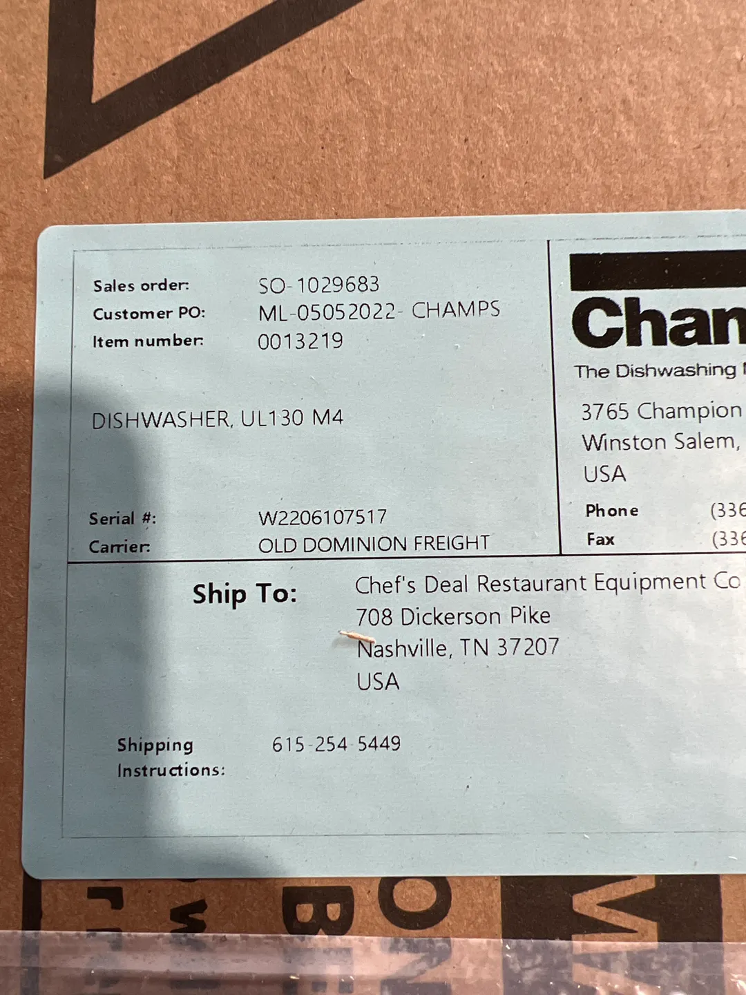Champion UL-130 Low-Temp Dishwasher Undercounter, 25 Racks/Hour - Open box