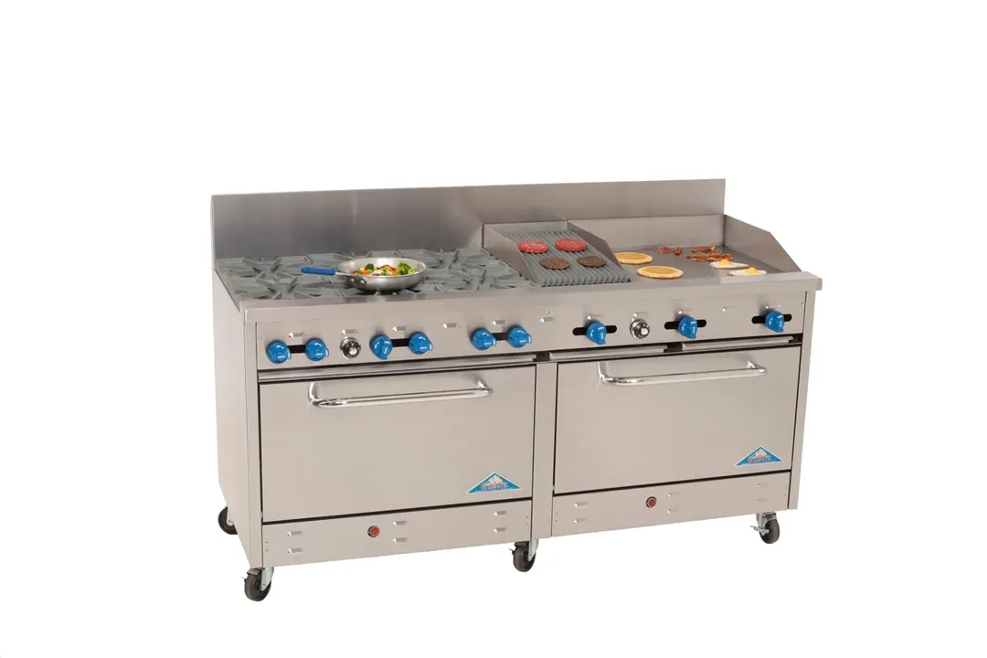Comstock-Castle 2F330-24-1RB 72" Gas Restaurant Range w/ (6) Open Burners, (1) 12" Griddle, (1) 24" Charbroiler, (2) Standard Ovens, 300.000 BTU