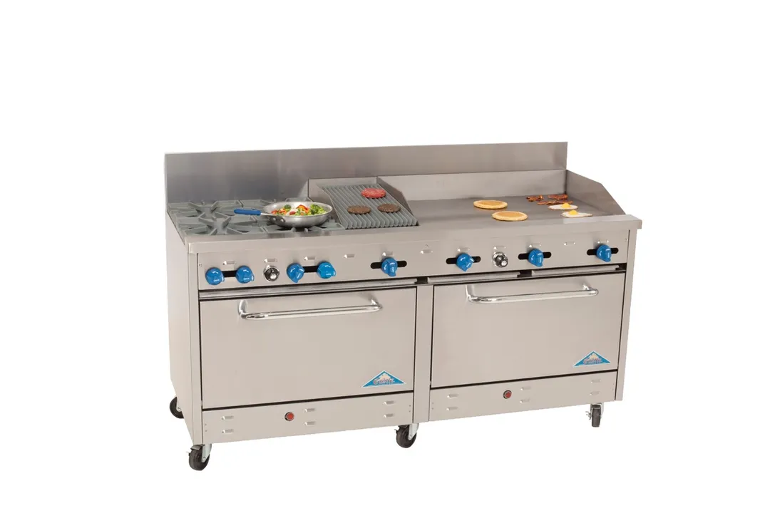 Comstock-Castle 2F330-36-1RB 72" Gas Restaurant Range w/ (4) Open Burners, (1) 36" Griddle, (1) 12" Charbroiler, (2) Standard Ovens, 270.000 BTU
