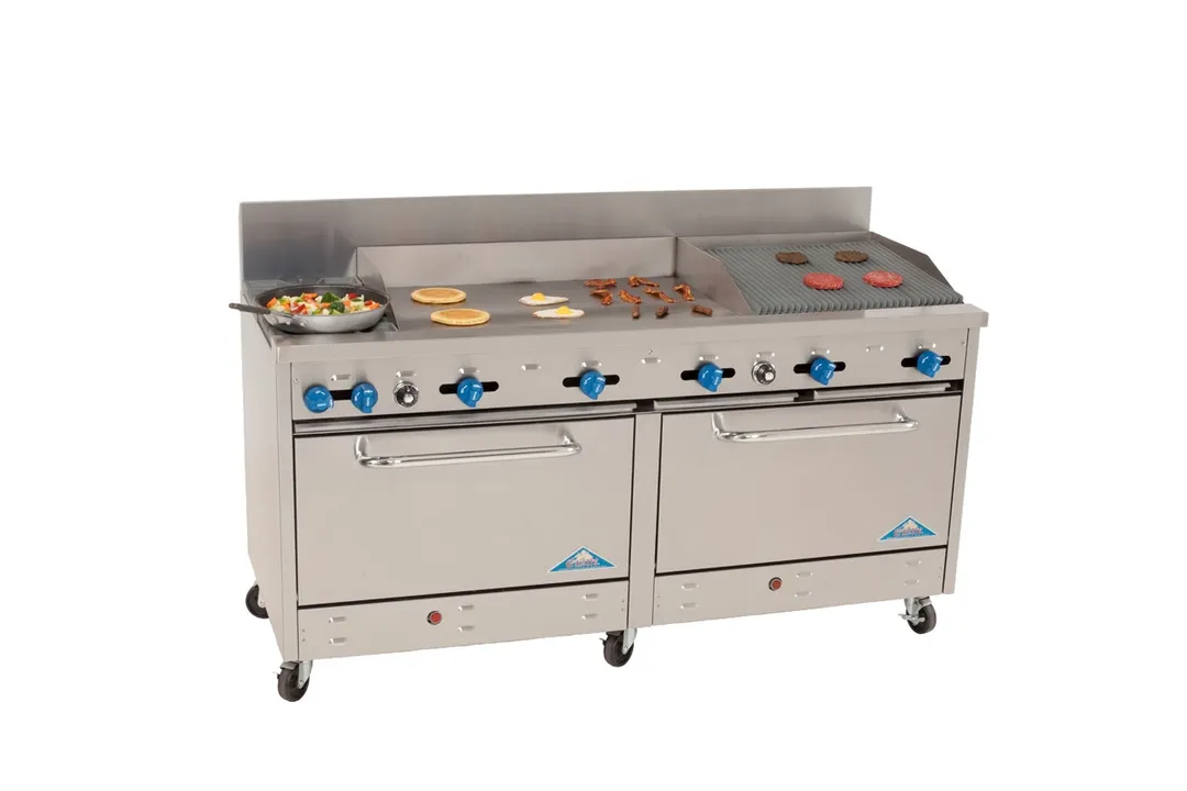 Comstock-Castle 2F330-36-2RB 72" Gas Restaurant Range w/ (2) Open Burners, (1) 36" Griddle, (1) 24" Charbroiler, (2) Standard Ovens, 246.000 BTU