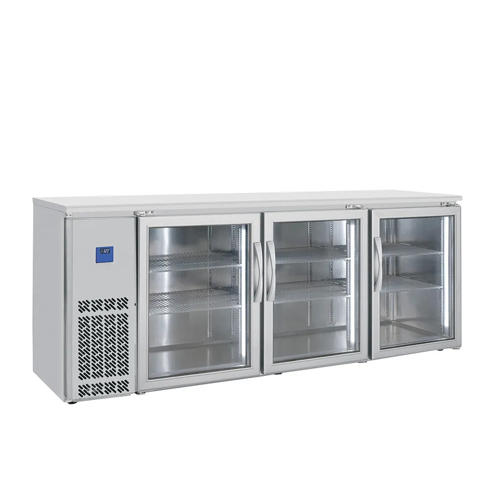 BK Resources SSBB-3G-85 85" Back Bar Cooler, 3‑Glass Doors, Stainless, R290, 6 Shelves, 33‑41°F