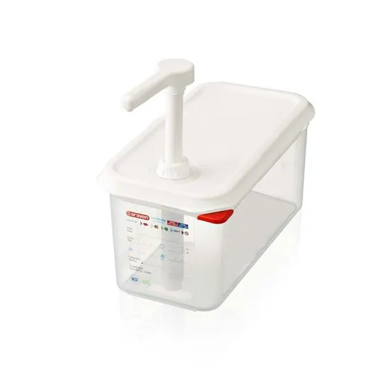 Carlisle 01358 Araven Sauce Dispenser, 4.3 L 4.5 Qt 1/4 GN, White Hand Pump & Lid, Clear Container