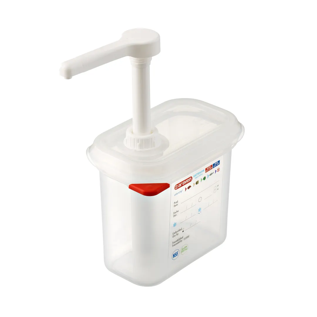Carlisle 01362 Araven Sauce Dispenser, 1.5 Qt., 6-7/8"L x 4-1/4"W x 7-1/2"H, PP Pump, ColorClip