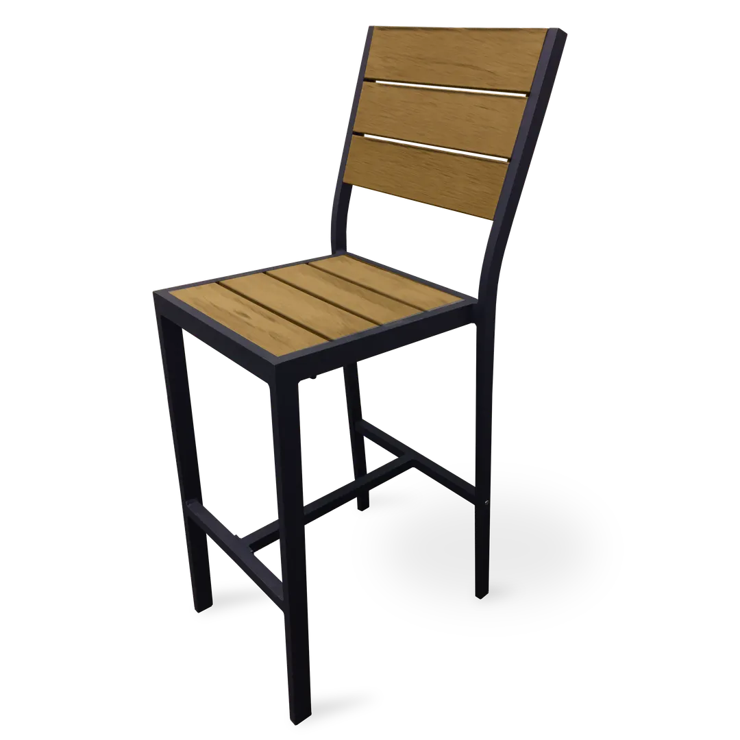 JustChair PW80630 Stacking Outdoor Barstool, Teak Oil Perma-Wood Back & Seat, Dark Gray Powder Coat Aluminum Frame