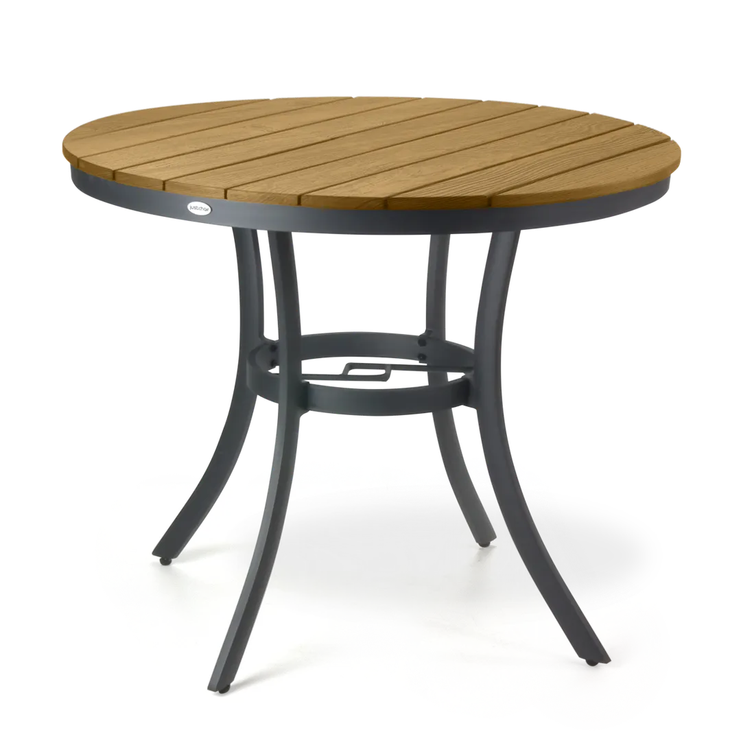 JustChair PW806TT-48R 48" Round Outdoor Dining Table, Teak Oil Perma-Wood Top, Dark Gray Aluminum Base