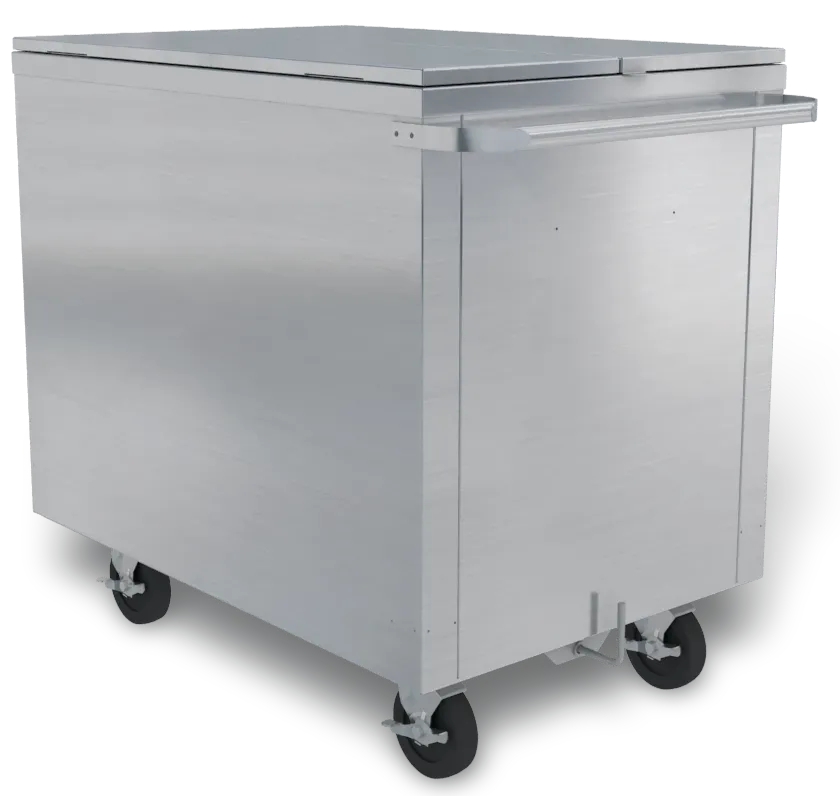 Kloppenberg CC-300 Ice Shuttle Cart - Gray 300 lb Stl Bin 24" Door 1" Drain Hinged 5" Casters USA