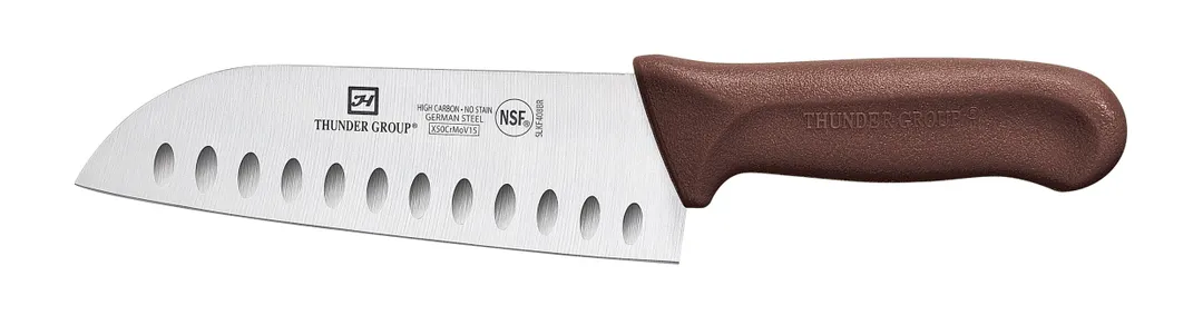 Thunder Group SLKF408BR Santoku Knife, 7" Blade, Hollow Ground, Brown Polypropylene Handles