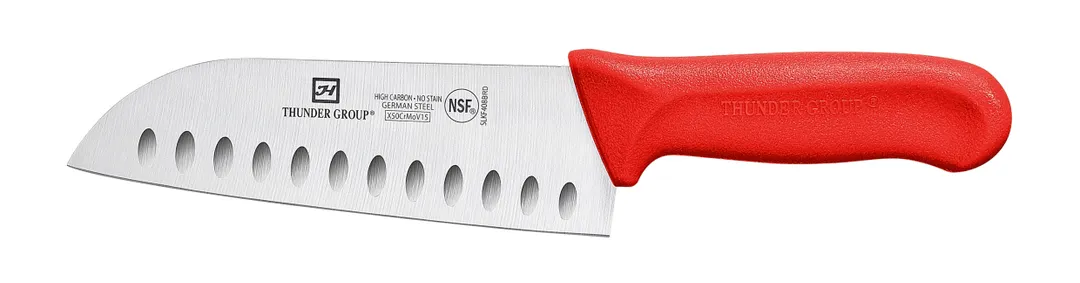 Thunder Group SLKF408BRD Santoku Knife, 7" Blade, Hollow Ground, Red Polypropylene Handles