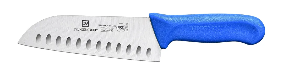 Thunder Group SLKF408BU Santoku Knife, 7" Blade, Hollow Ground, Blue Polypropylene Handles