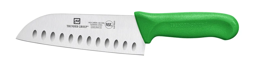Thunder Group SLKF408GR Santoku Knife, 7" Blade, Hollow Ground, Green Polypropylene Handles