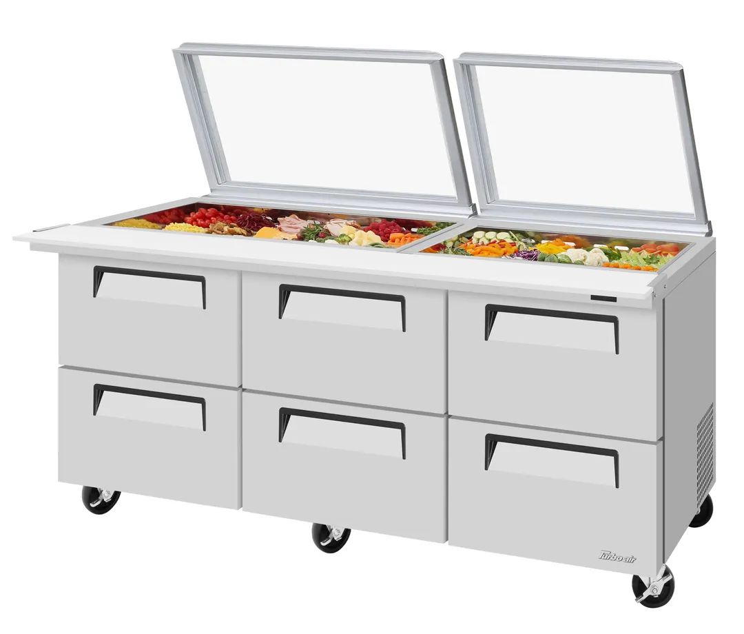 Turbo Air TST-72SD-30-D6-N-GL 72" 3-Section Mega Top Sandwich Prep Table, 6-Drawers, 30 Pans