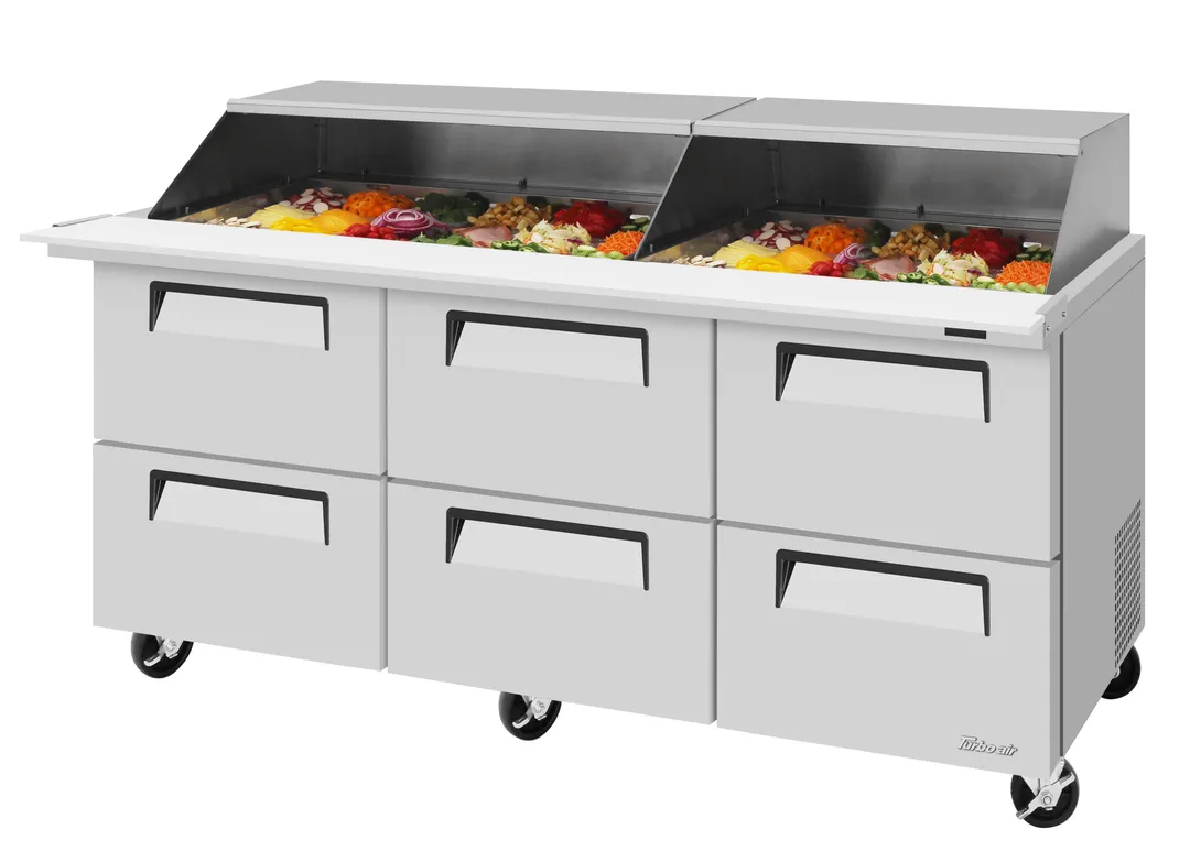 Turbo Air TST-72SD-30-D6-N-SL 72" 3-Section Mega Top Sandwich Prep Table, 6 Drawers, 30 Pans, Stainless Steel