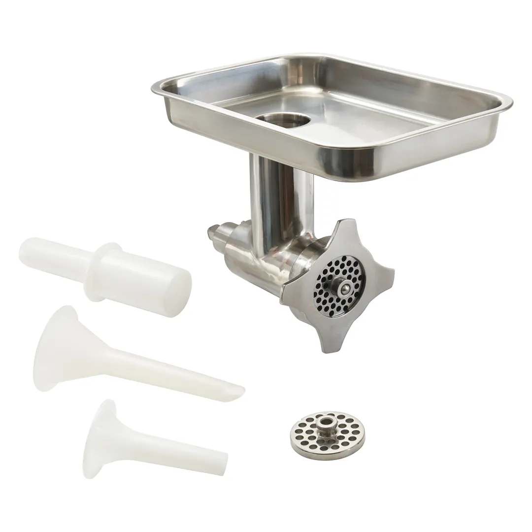 Winco EMP-MG12 Meat Grinder Attachment – #12 Hub, Feed Pan, Meat Stomper, Sausage Stuffer, 2 Grinder Plates