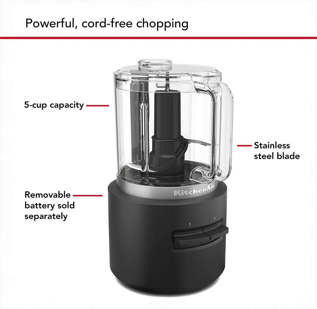 KitchenAid KFCR500BM 5‑Cup, 2‑Speed Cordless Food Chopper, Black Matte, (Battery Sold Separately)