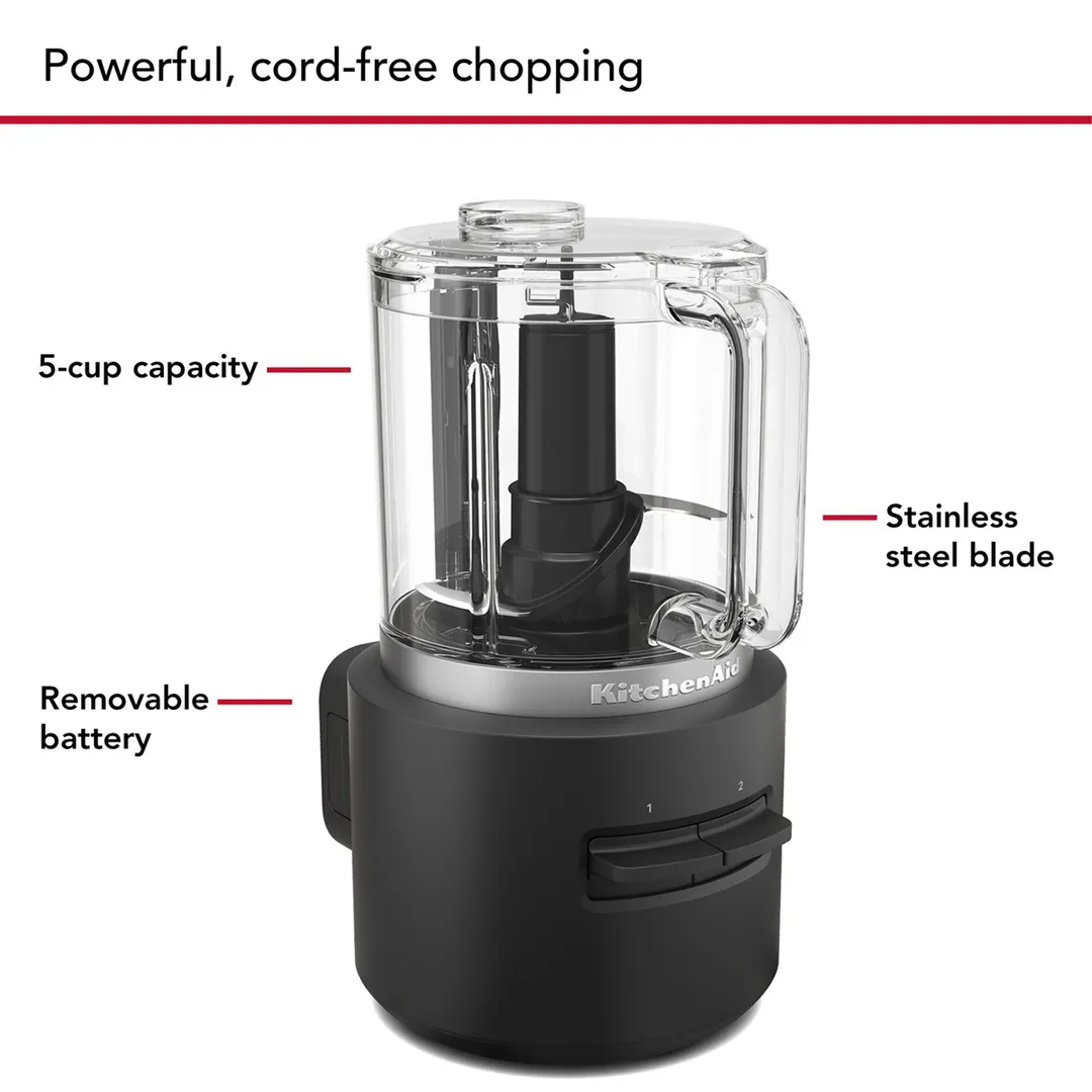 KitchenAid KFCR531BM 5‑Cup, 2‑Speed Cordless Food Chopper, Black Matte, (Battery Included)