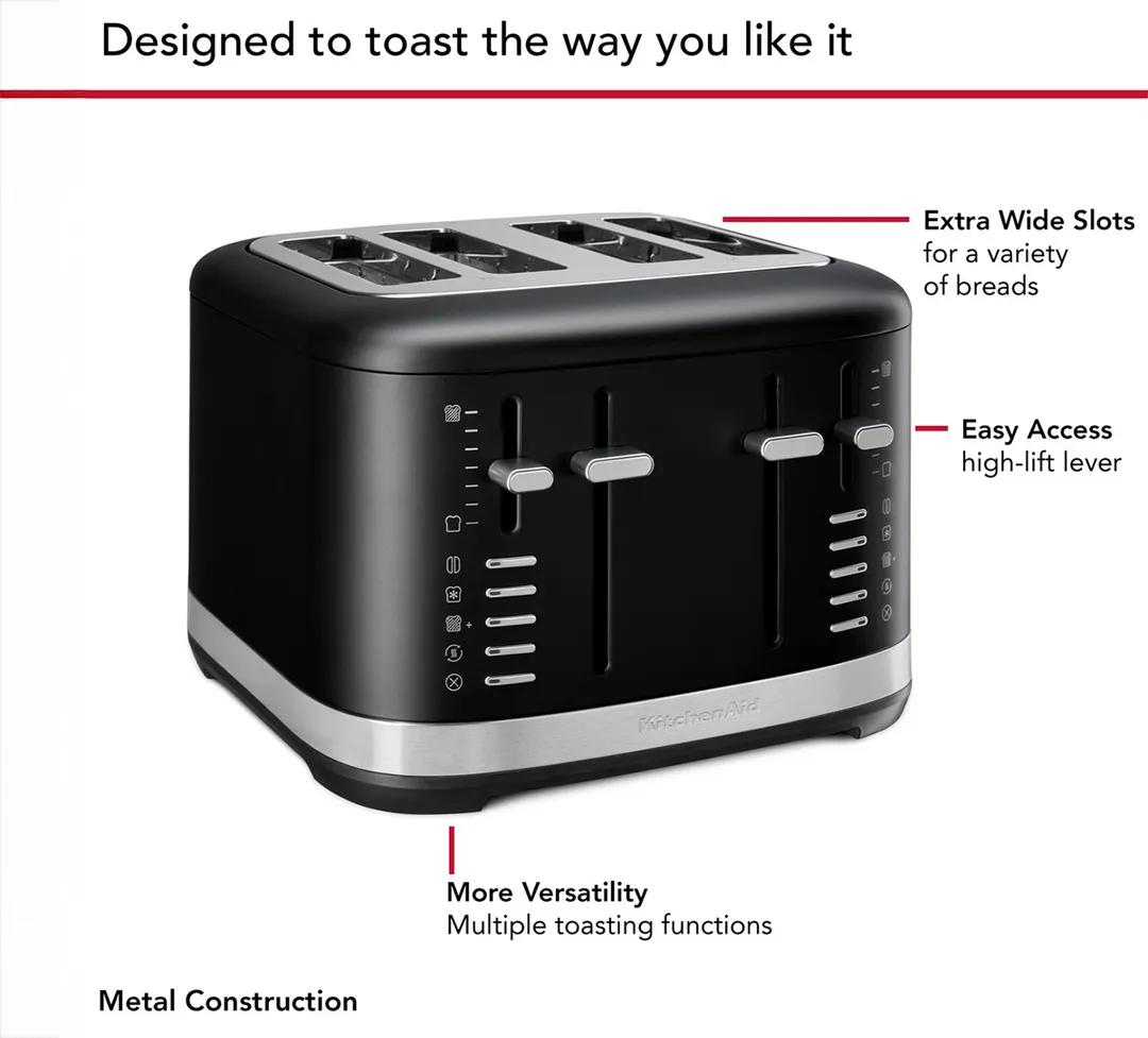 KitchenAid KMT4109BM 4 Slice Automatic Toaster w/ Extra Wide Slots, Black Matte Color