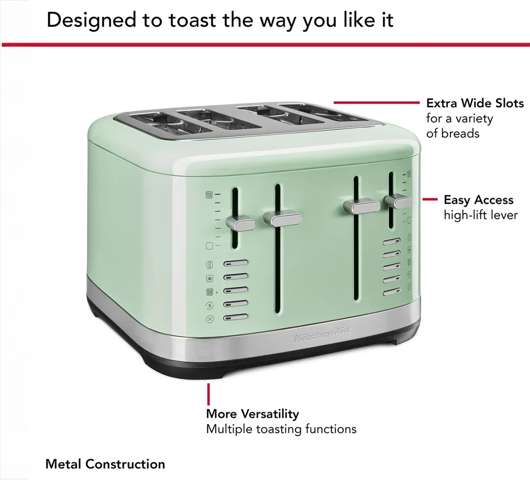 KitchenAid KMT4109PT 4 Slice Automatic Toaster w/ Extra Wide Slots, Pistachio Color