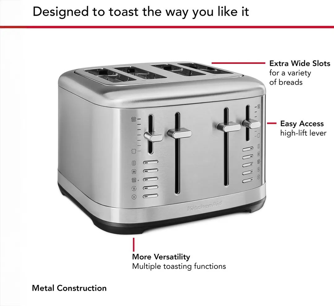 KitchenAid KMT4109SX 4 Slice Automatic Toaster w/ Extra Wide Slots, Brushed Stainless Steel Color