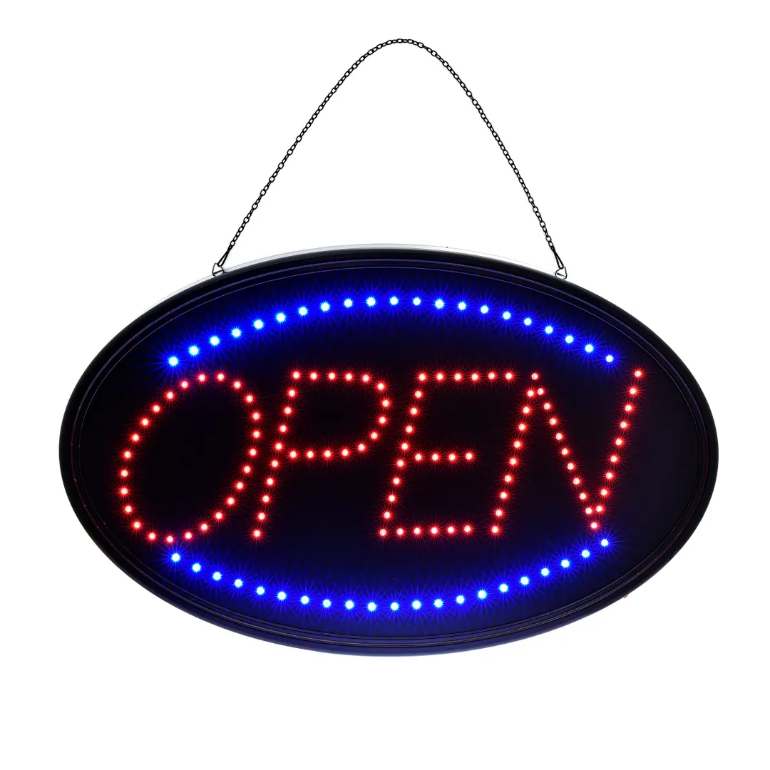 Alpine Industries ALP497-02 LED Open Sign 23" x 14" Wall Black Glass Fl/Steady Chain Cord Switch