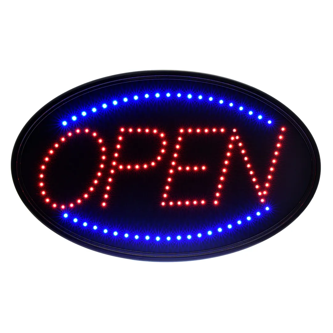 Alpine Industries ALP497-02 LED Open Sign 23" x 14" Wall Black Glass Fl/Steady Chain Cord Switch