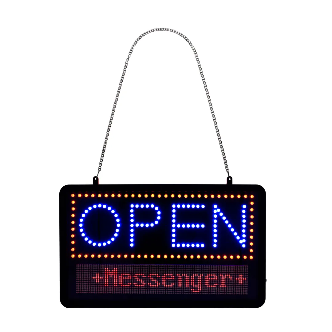 Alpine Industries ALP497-10 LED Open Sign, 11"W x 1-1/2"D x 13"H, Black, 99 Msg, Chain, 12V Adapter