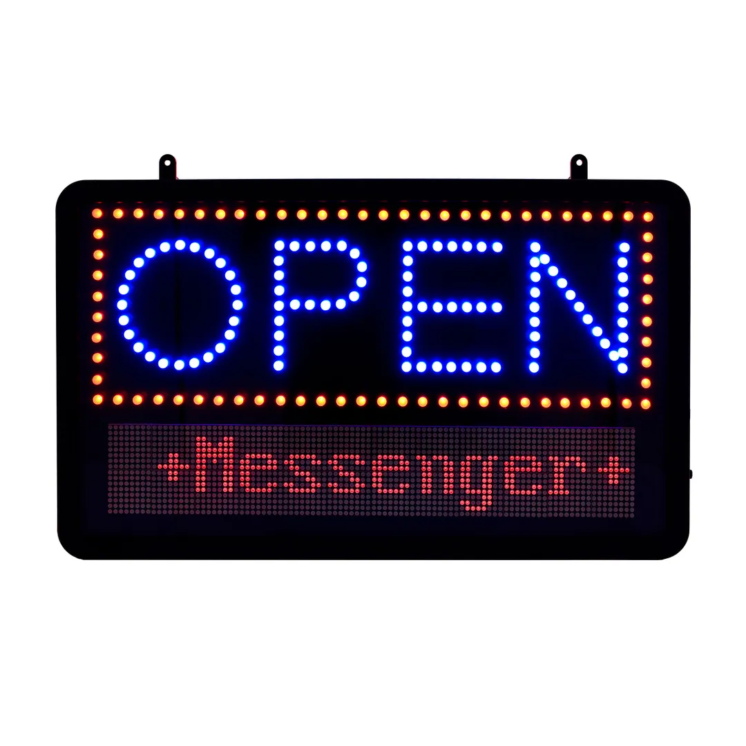 Alpine Industries ALP497-10 LED Open Sign, 11"W x 1-1/2"D x 13"H, Black, 99 Msg, Chain, 12V Adapter