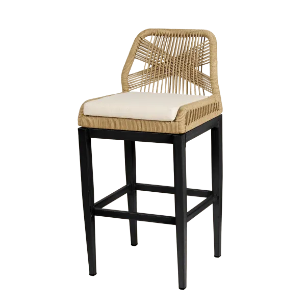 G & A 928 Aluminum Bloom Bar Stool with Synthetic Wicker Back & Upholstered Seat, Armless, Black Finish, Footrest, Stackable