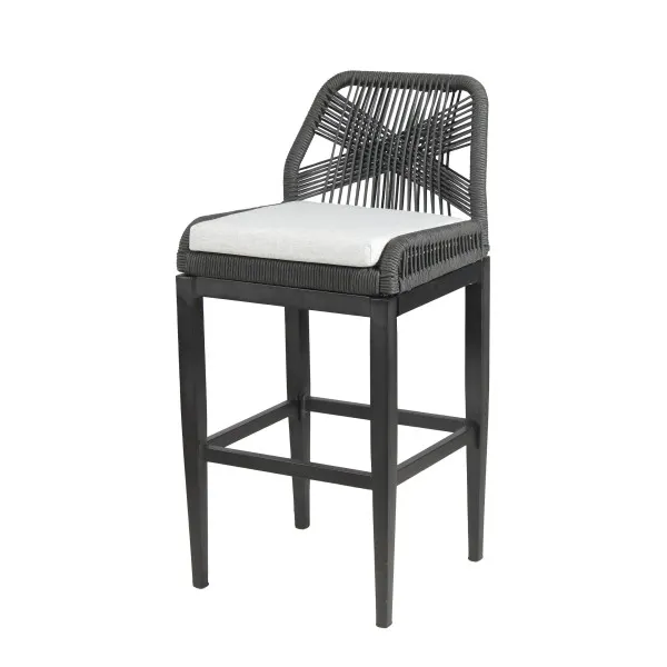G & A 928 Aluminum Bloom Bar Stool with Synthetic Wicker Back & Upholstered Seat, Armless, Black Finish, Footrest, Stackable