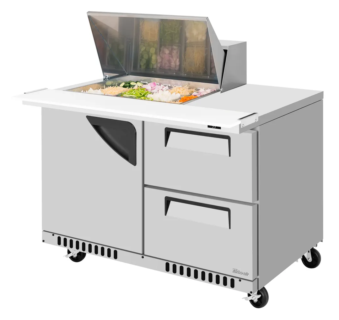 Turbo Air TST-48SD-12M-D2R(L)-FB-N 48" 1-Door & 2-Drawer Mega Top Sandwich and Salad Prep Table, 12 Pans, Stainless Steel