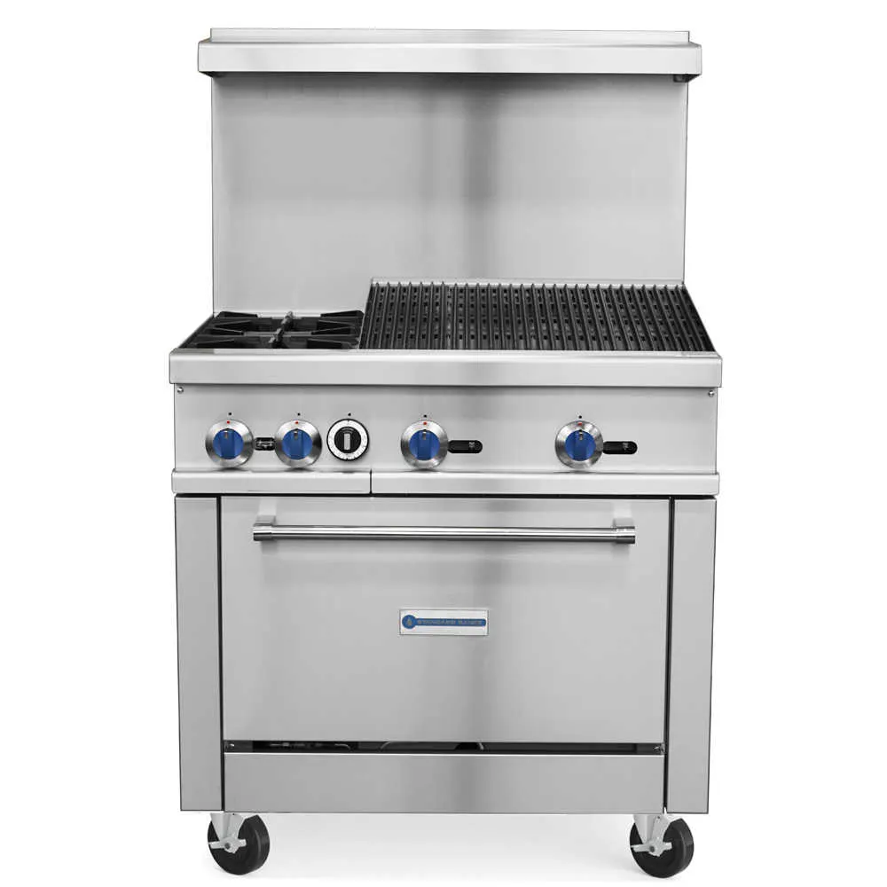 Standard Range SR-R36-24CB 36" Gas Restaurant Range w/ (2) Burners and 24" Charbroilers