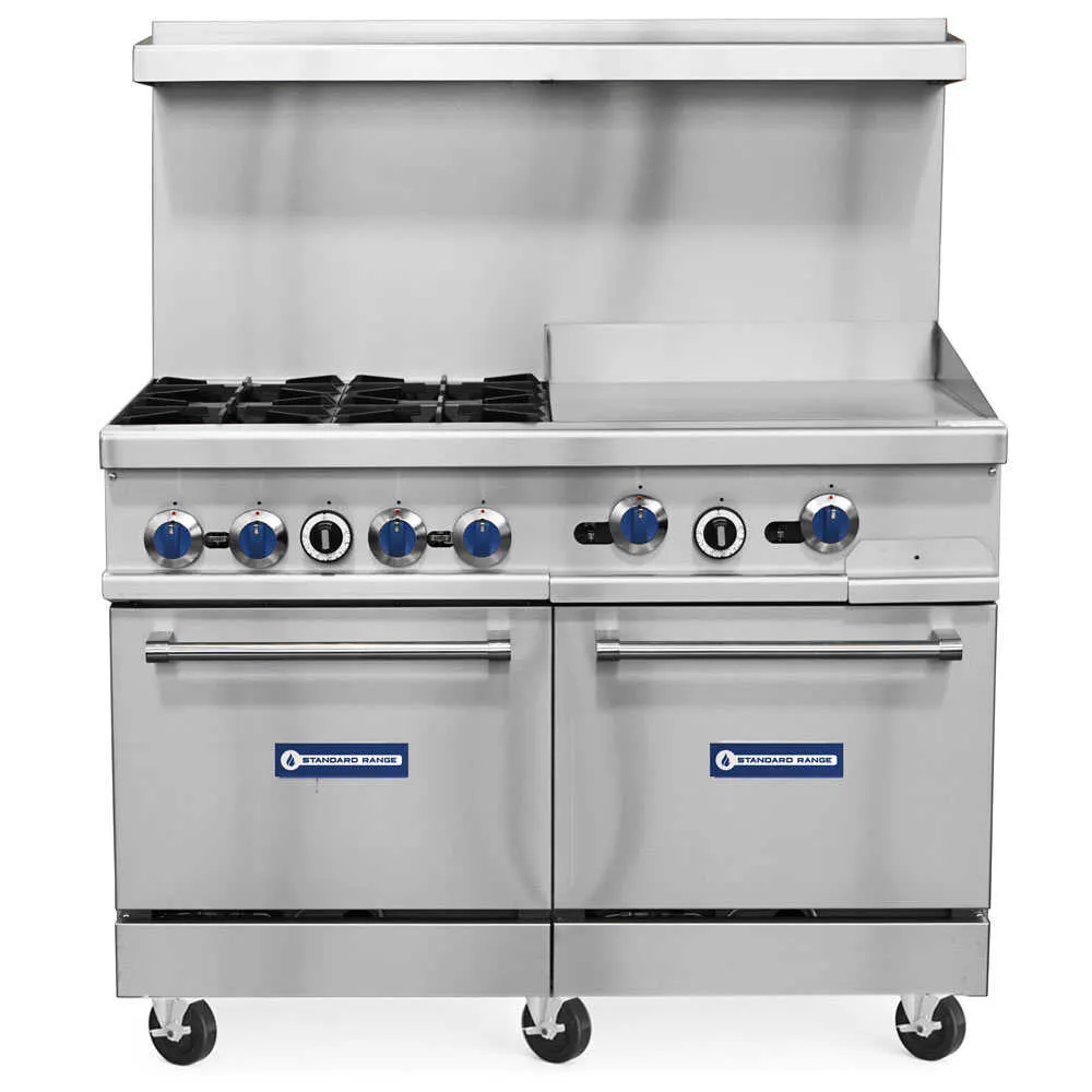 Standard Range SR-R48-24MG 48" Gas Restaurant Range w/ (4) Burners, 24" Griddle & (2) Ovens