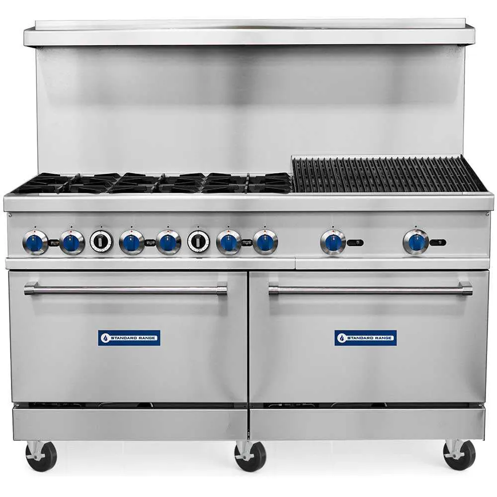 Standard Range SR-R60-24CB 60" Gas Restaurant Range w/ (6) Burners & 24" Charbroilers
