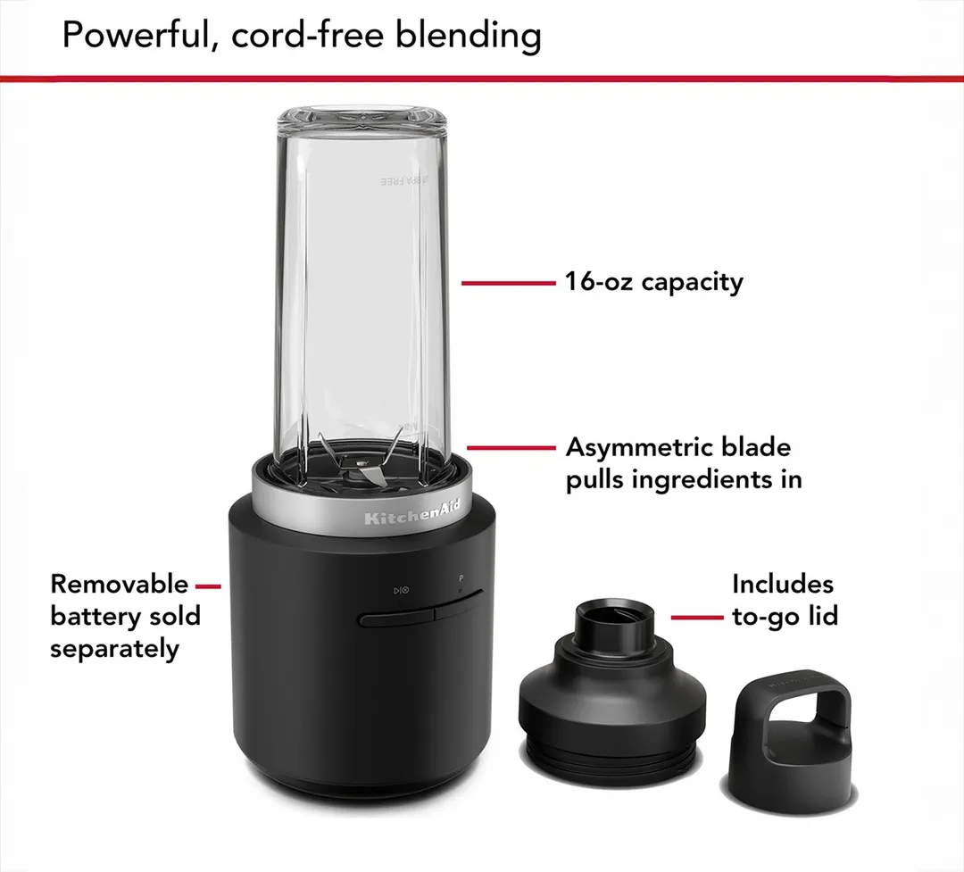 KitchenAid KSBR200BM Kitchenaid Go™ Cordless Personal Blender, Black Matte, (Battery Sold Separately)