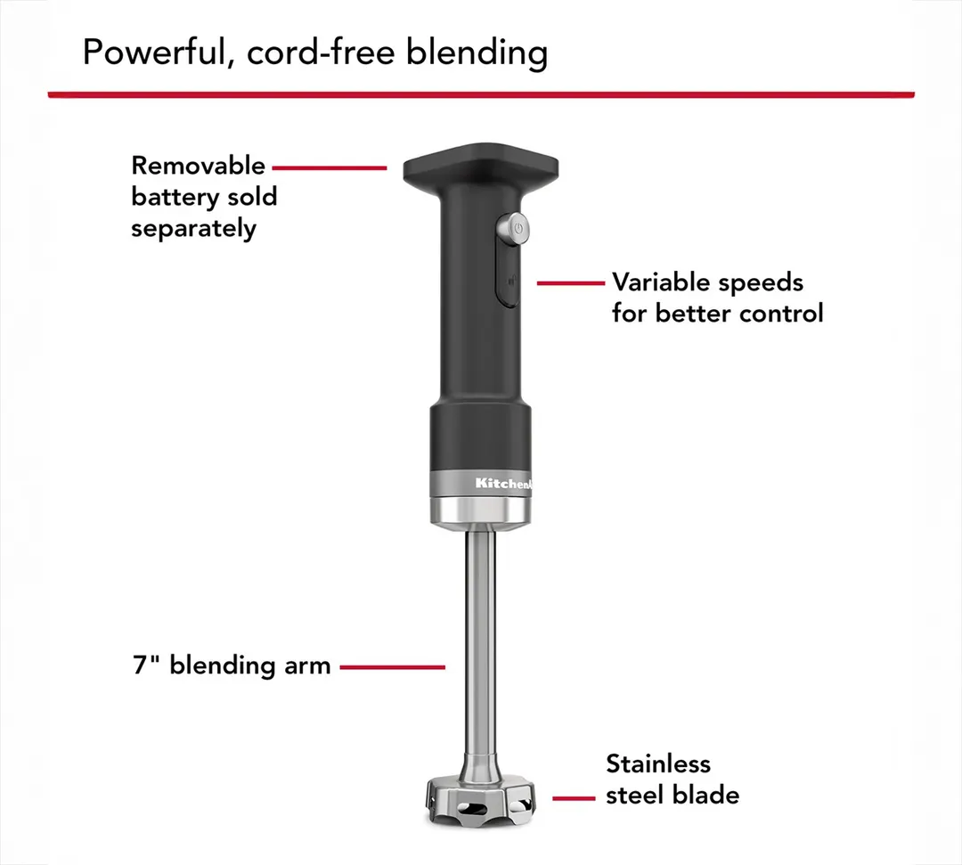 KitchenAid KHBRV00BM Kitchenaid Go™ Cordless Hand Blender, Black Matte, (Battery Sold Separately)