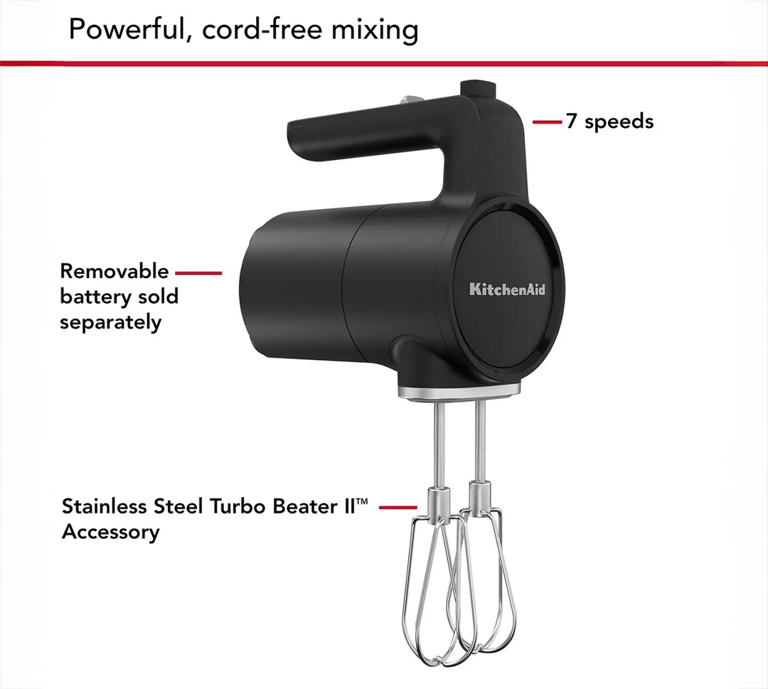 KitchenAid KHMR700BM Cordless Hand Mixer, Black Matte, (Battery Sold Separately)