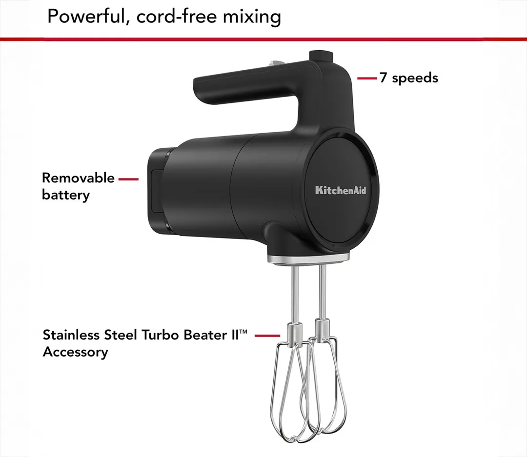 KitchenAid KHMR762BM Kitchenaid Go™ Cordless Hand Mixer, Black Matte, (Battery Included)
