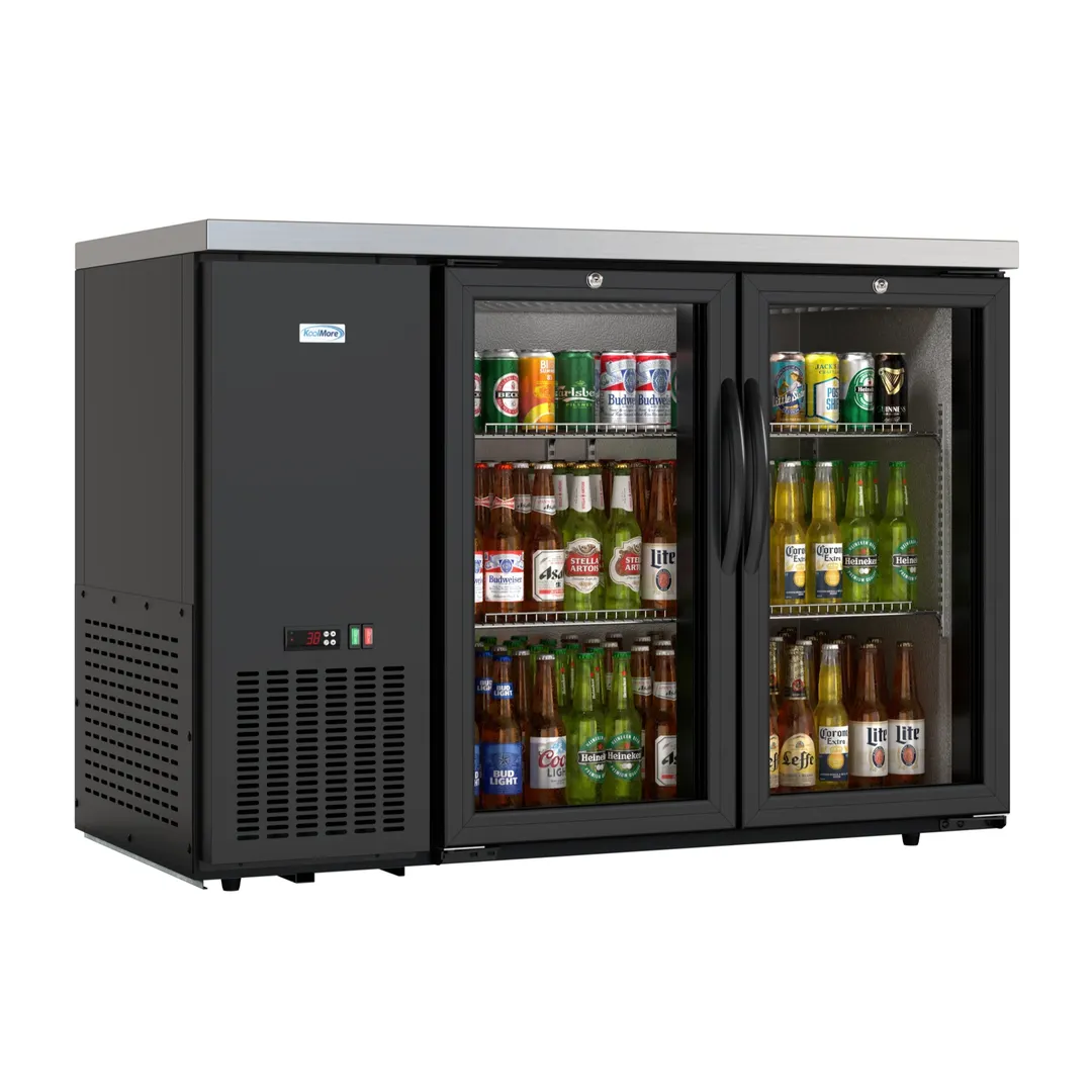 Koolmore KM-BC-2GD-SCBK 48" x 25" x 34" Black Cooler, 7.4 Cu Ft, Glass Doors, LED, Temp, 4 Shelves