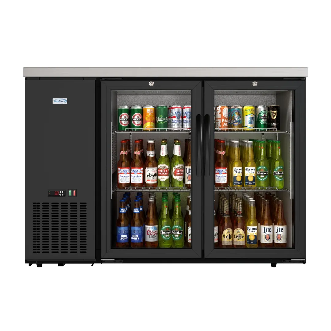 Koolmore KM-BC-2GD-SCBK 48" x 25" x 34" Black Cooler, 7.4 Cu Ft, Glass Doors, LED, Temp, 4 Shelves