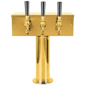 Micro Matic D7743PVD T-Style Draft Beer Tower, 12" W x 14-3/4" H, 3 Brass Faucets, PVD Brass Finish