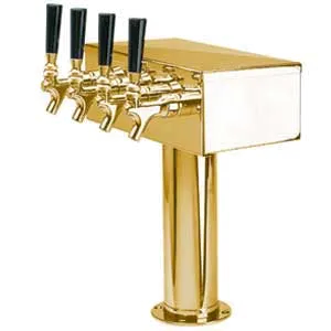 Micro Matic D7744PVD T‑Style Draft Beer Tower, 12" x 14‑3/4", Brass PVD Finish, 4 Brass Faucets